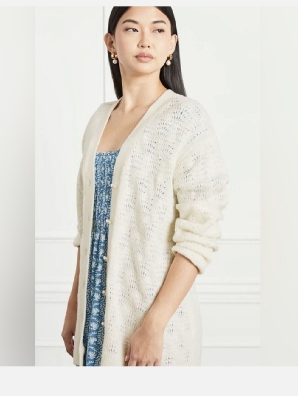 Hill House Cream Openwork Button-Front Women's Cardigan Sweater